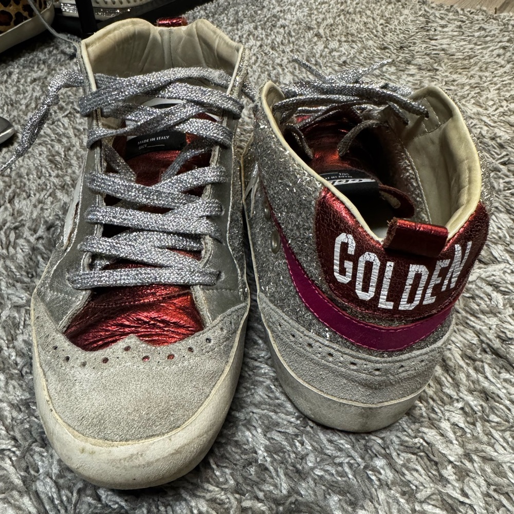Golden Goose Silver Gray Suede Sneakers with Red and Pink Accents